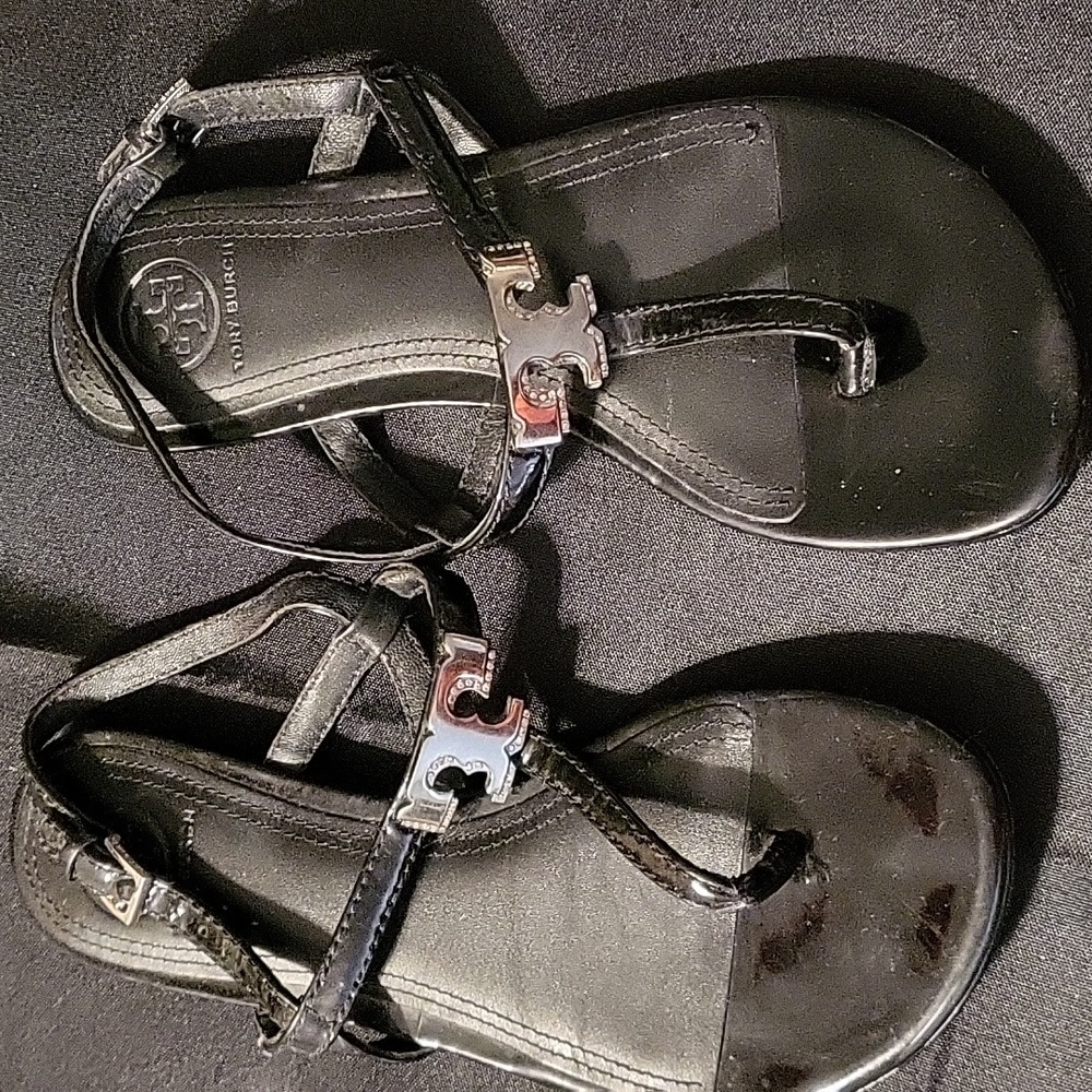 Tory Burch Black Patent Logo Thong Sandals